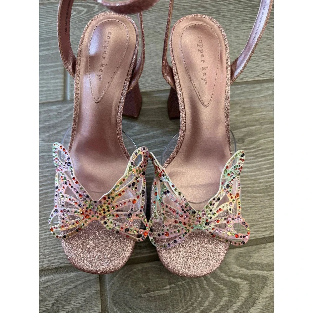 Copper Key Pink Glitter Butterfly Rhinestone Platform Block Y2K Style Heels 7.5